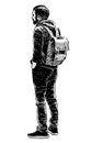 Sketch of young bearded man with backpack standing in wait outdoors