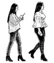 Sketch of two city girls with smartphones walking along street Royalty Free Stock Photo