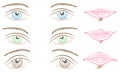 Hand Drawings of Different Types of Eyes and Lips. Blue, Green and Brown Eyes and Pink Lips. Sketch Style