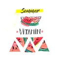 Hand drawm vector funny summer unusual background with abstract watermelon,freehand textures and modern handwritten