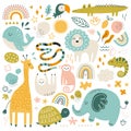 Hand drawn abstract african animals flat icons set. Lion, sloth, snake, turtle and lizard. Cute pictures Royalty Free Stock Photo