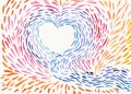 Hand drawn abstract background about love, sympathy, miracles. Watercolor brush strokes create a heart shape, bright colorful