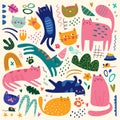 Hand drawn abstract cats flat icons set. Cute pictures of domestic pets. Decorative flowers, leaves and paws
