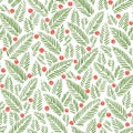Hand drawn abstract Christmas foliage, holy berries on white background vector seamless pattern. Winter Holiday Print