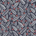 Hand drawn abstract Christmas foliage, red holy berries on dark background vector seamless pattern. Winter Holiday Print