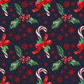 Hand drawn abstract Christmas seamless pattern with candy canes and snowflakes isolated on dark blue background Royalty Free Stock Photo
