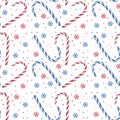 Hand drawn abstract Christmas seamless pattern with candy canes and snowflakes isolated on white background Royalty Free Stock Photo