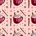 Hand Drawn Abstract Christmas Seamless Pattern With Hot Cup Of Cacao Or Cappuccino, Cinnamon Bars And Stars Isolated On A Pink Bac