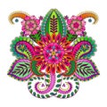 Hand drawn abstract color flowers and paisley elements in Indian