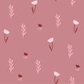 Hand drawn abstract ditsy flowers seamless pattern on red. Repeating floral vector pattern. Ditsy print in calico shabby Royalty Free Stock Photo