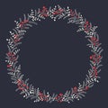 Hand Drawn Abstract Doodle Christmas Foliage, Red Holy Berries, Dark Background Vector Round Frame. Winter Holidays