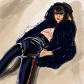Hand-drawn abstract fashion illustration of a glamour model in a high fashion outfit
