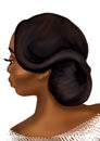 Hand-drawn abstract fashion illustration of imaginary female afro model with high roll updo hairstyle
