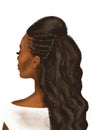 Hand-drawn abstract fashion illustration of imaginary long hair female afro model with high roll braids updo hairstyle