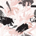 Hand drawn abstract floral background: line art leaves, grunge brush strokes with glossy gradient effect