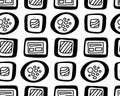 hand drawn abstract geometric sushi doodle Stylized seamless pattern background. Asian food black and white backdrop