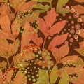 Hand drawn abstract multi colored leaves on dark brown background Royalty Free Stock Photo