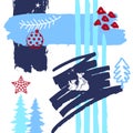 Abstract quirky christmas, winter time paint brush art strokes textures, outlined doodles and polar beers silhouette collage card