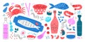 Hand drawn abstract seafood illustrations. Ingredient for asian food preparations. Sushi, soup and rolls with fish Royalty Free Stock Photo