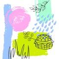 Hand drawn abstract spring easter paint brush art stroke textured and outlined collage card background with grass egg basket Royalty Free Stock Photo