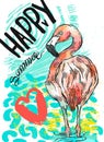 Hand drawn abstract textured vector summer fun card template with pink flamingo,red heart and handwritten lettering Royalty Free Stock Photo