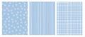 Hand Drawn Abstract Vector Patterns. White and Blue Infantile Design. Stripes and Snow Flakes.