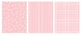 Hand Drawn Abstract Vector Patterns. White and Pink Infantile Design. Stripes and Snow Flakes.