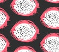 Hand drawn abstract vector seamless pattern of tropical exotic fruit pitaya.Dragon fruit pitahaya illustration.Bright Royalty Free Stock Photo