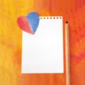 Hand drawn abstract watercolor background, colorful template. Template white paper sheet, paper heart and a pencil. Artistic origi Royalty Free Stock Photo