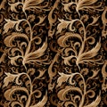 Hand drawn abstract watercolor seamless pattern with gold, brown and ochre floral ornament, curls, wavy lines, doodles on a black