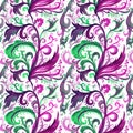 Hand drawn abstract watercolor seamless pattern with pink, purple and green floral ornament, curls, wavy lines, doodles