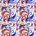 Hand drawn abstract watercolor seamless pattern with red, violet and dark blue floral ornament, curls, wavy lines Royalty Free Stock Photo