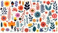 Hand drawn abstract wildflowers, set flowers and leaves, flat icons