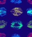 Hand drawn acid freaky fashion illustration lipstick kiss. Female seamless pattern with neon lips. Artistic background