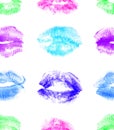 Hand drawn acid freaky fashion illustration lipstick kiss. Female seamless pattern with neon lips. Artistic background