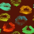 Hand drawn acid freaky fashion illustration lipstick kiss. Female seamless pattern with neon lips. Artistic background