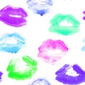 Hand drawn acid freaky fashion illustration lipstick kiss. Female seamless pattern with neon lips. Artistic background