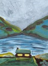 Hand drawn acrylic, oil and gouache painting. Gray cloudy sky. Blue lake. Hills and mountains. Brown wooden cottage with green Royalty Free Stock Photo