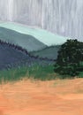 Hand drawn acrylic, oil and gouache painting. Gray cloudy sky. Green forest and grass. Hills and mountains. Wheat field. Wild