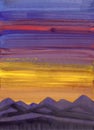 Hand drawn acrylic, oil or gouache painting. Violet, orange, red and yellow sun set sky. Blue and purple mountain silhouette. Royalty Free Stock Photo
