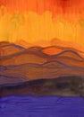 Hand drawn acrylic, oil or gouache painting. Yellow and orange sun set sky. Brown, violet and buffy mountain silhouettes. Sandy