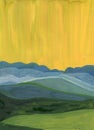 Hand drawn acrylic, oil or gouache painting. Yellow sunny sky. Blue, white and green mountain silhouette. Snowy peaks. Green field