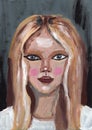 Hand drawn acrylic paint illustration. Young pretty woman. Girl with blonde hair and gray eyes abstract artwork. Beautiful female Royalty Free Stock Photo