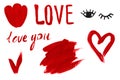 Hand drawn acrylic painted elements for design. Red inscription Love, love you,flower,check mark,heart and black eyes,isolated on