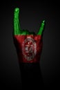 A Hand With A Drawn Afghanistan Flag Shows A Goat Sign, A Symbol Of Mainstream, Metal And Rock Music, On A Dark Background