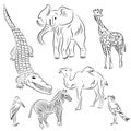 Hand Drawn African Animals and Birds. Doodle Drawings of Elephant, Zebra, Giraffe, Camel, Marabou and Secretary-bird. Sketch Style