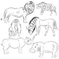 Hand Drawn African Wilde Animals. Doodle Drawings of Lion, Stripped Hyena, Gorilla, Wildebeest, Hippo and Rhinoceros. Sketch Style