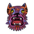 Hand drawn aggressive dog face line art. Tribal ethnic totem. Graphic style, colorful vector illustration. Perfect for