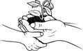 Hand drawn agronomy sketch growth doodle two hands child and adult harvest soil and plant vector illustration black and white icon Royalty Free Stock Photo