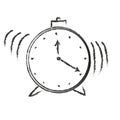 Hand drawn alarm clock isolated on white background. Vector old-fashioned illustration.